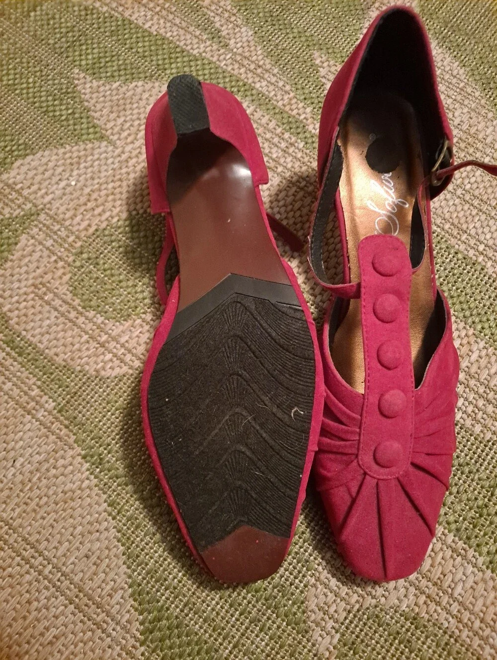 Red Suede T-Strap Heels with Pleated Front and Button Detail